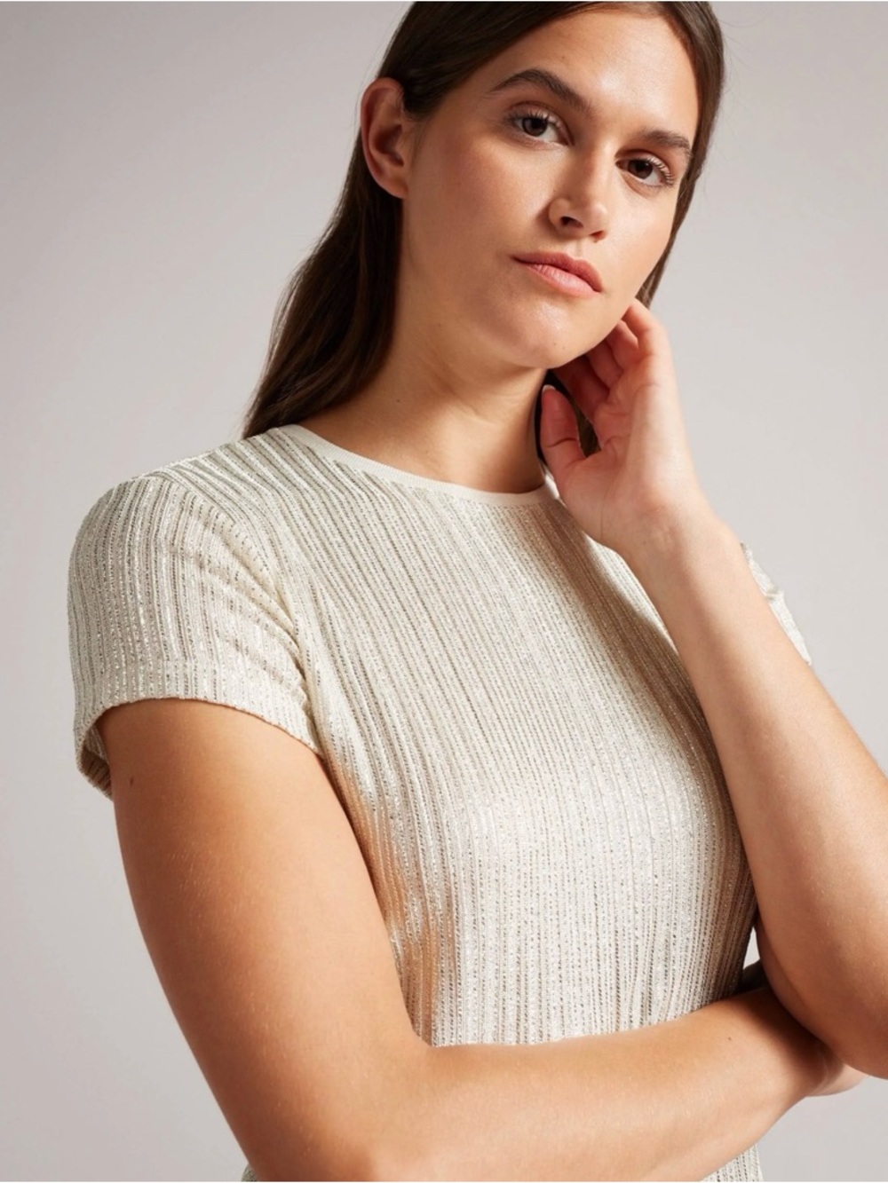 Light Cream Ribbed Short-Sleeve Knit Top - Picture 2 of 7